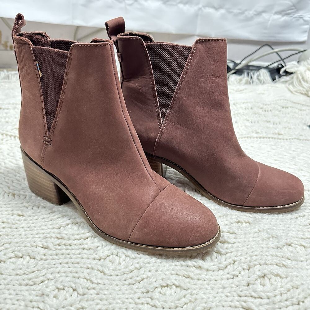 TOMS Leather Chelsea Ankle Boots Dusty Rose Mauve Stacked Heel Size 8